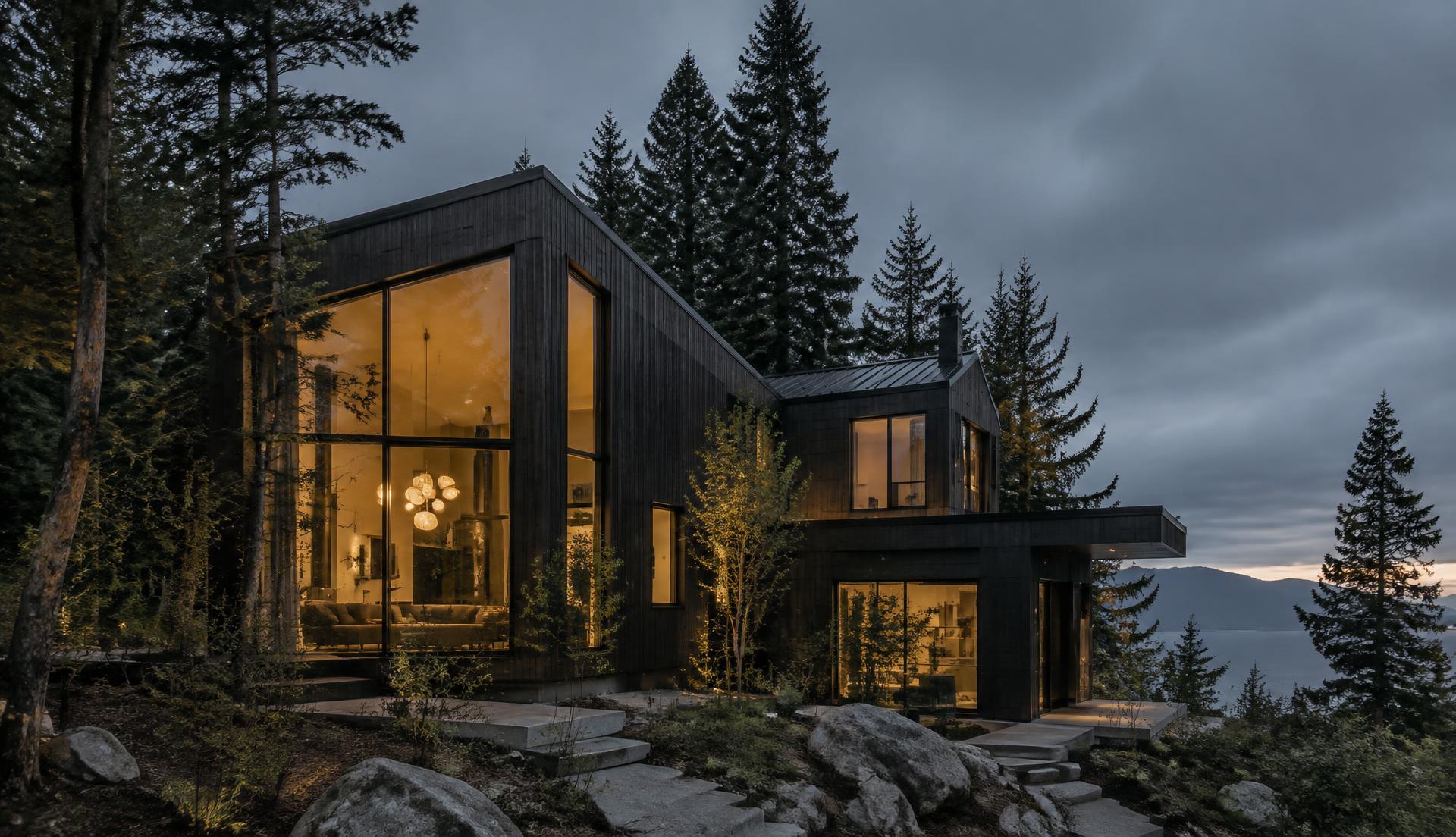 Modern Pacific Northwest home at dusk