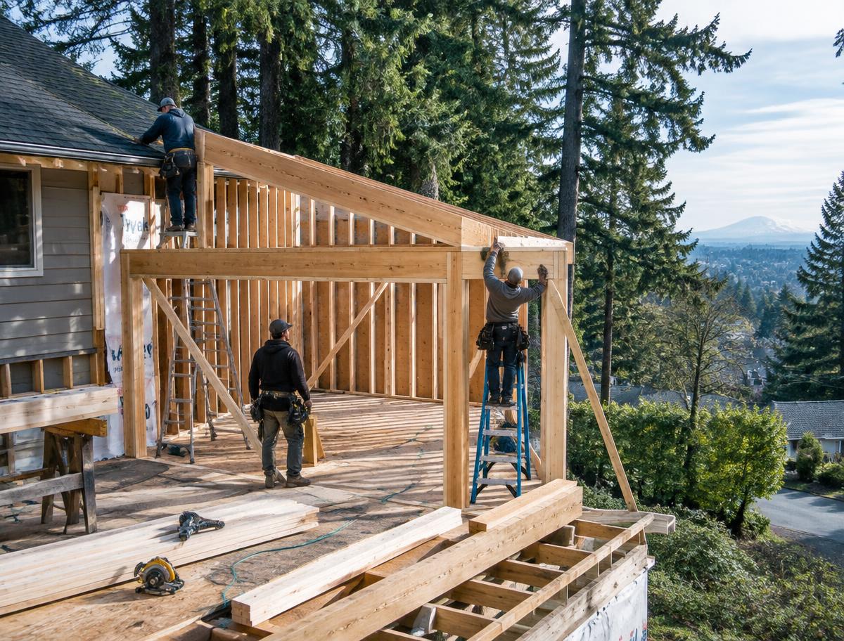 Leal Construction crew framing a home addition near Portland